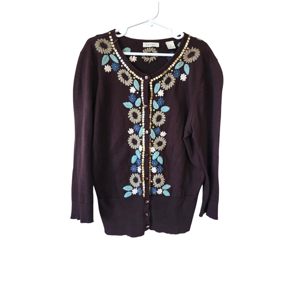 Halogen Brown 100% Pima Cotton Floral Embroidered Cardigan Sweater Women S